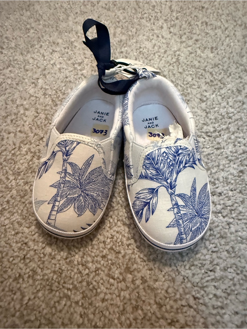 Janie and Jack White Slip-On Sneakers with Blue Palm Print
